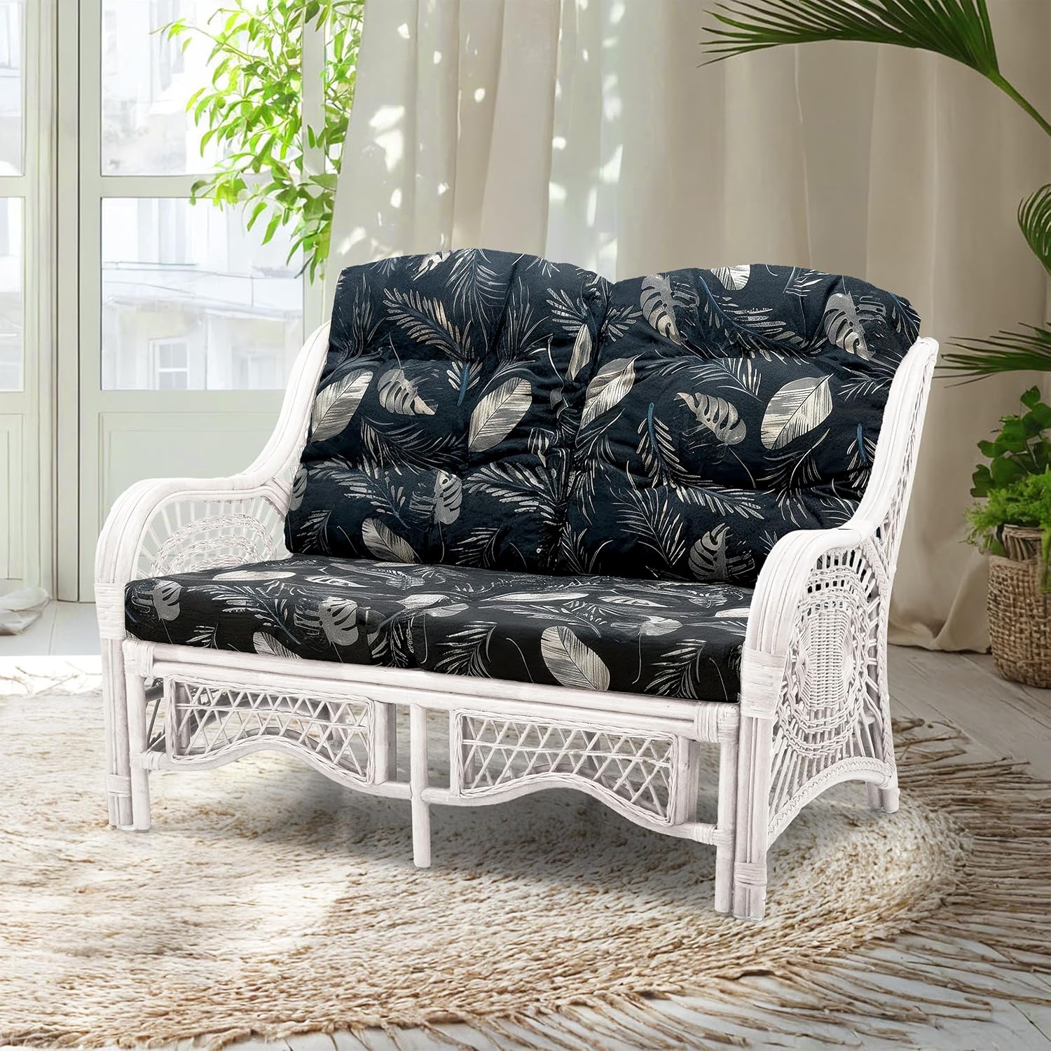 Malibu Lounge Loveseat Sofa Natural Rattan Wicker Handmade Design, White Color with Black Leaf Cushions