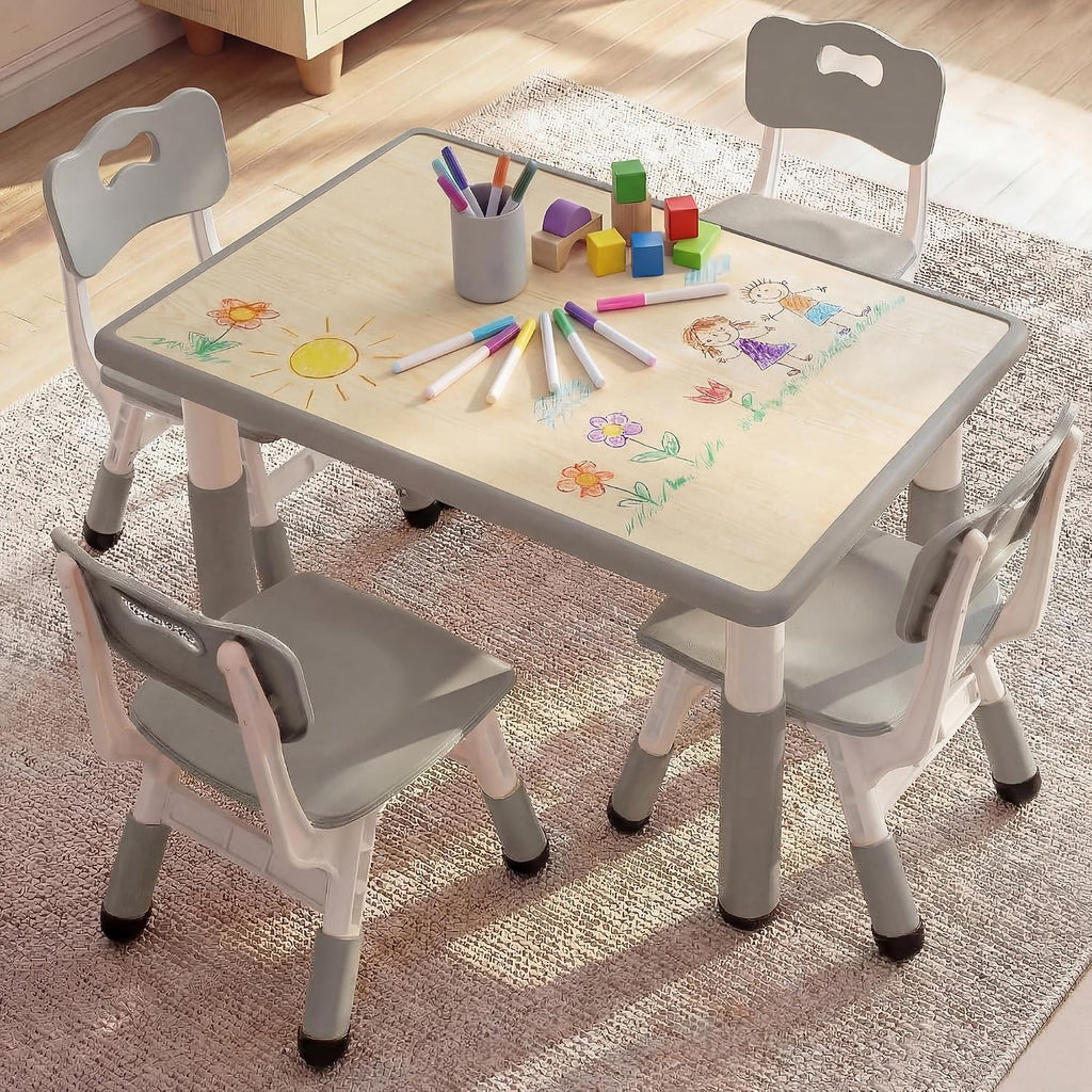 Kinder King Kids Table & 4 Chairs Set, Height Adjustable Children Activity Table w/Graffiti Tabletop, Toddler Furniture Set for Classroom, Daycare, Home, Age 3+, Grey