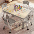 Kinder King Kids Table & 4 Chairs Set, Height Adjustable Children Activity Table w/Graffiti Tabletop, Toddler Furniture Set for Classroom, Daycare, Home, Age 3+, Grey