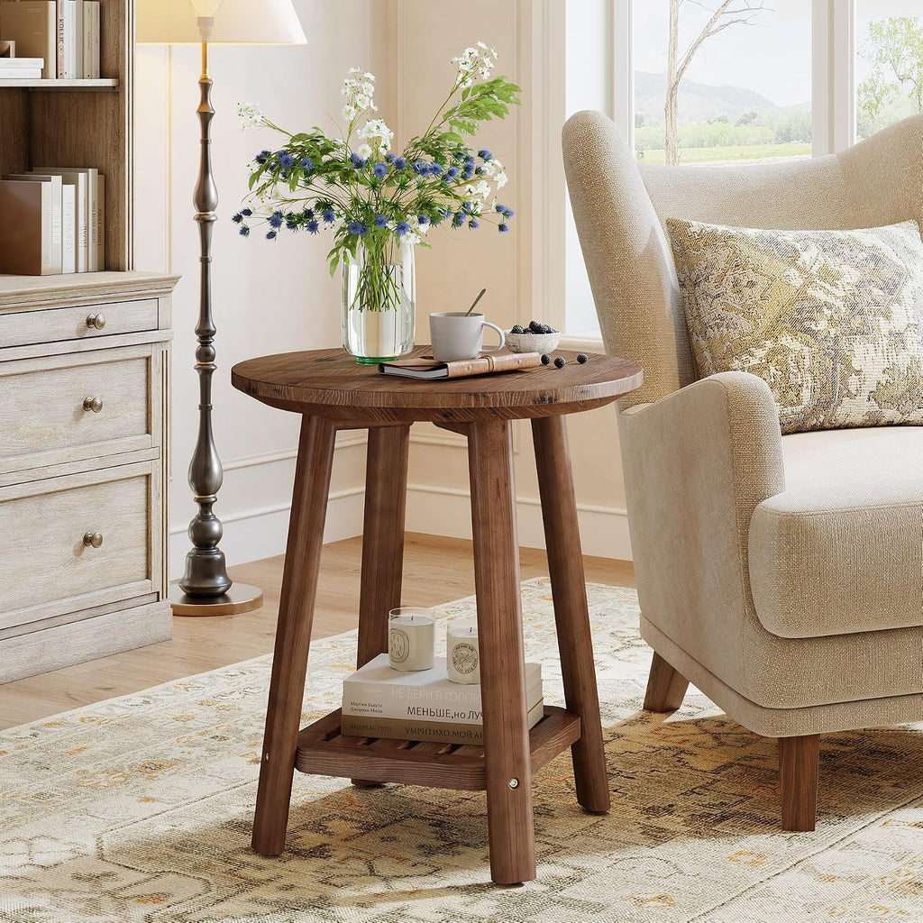 Solid Wood Round Side Table, 2-Tier Small End Table with Storage Shelf, Farmhouse Nightstand for Small Spaces, Living Room, Bedroom, Walnut (1, Walnut)