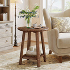 Solid Wood Round Side Table, 2-Tier Small End Table with Storage Shelf, Farmhouse Nightstand for Small Spaces, Living Room, Bedroom, Walnut (1, Walnut)