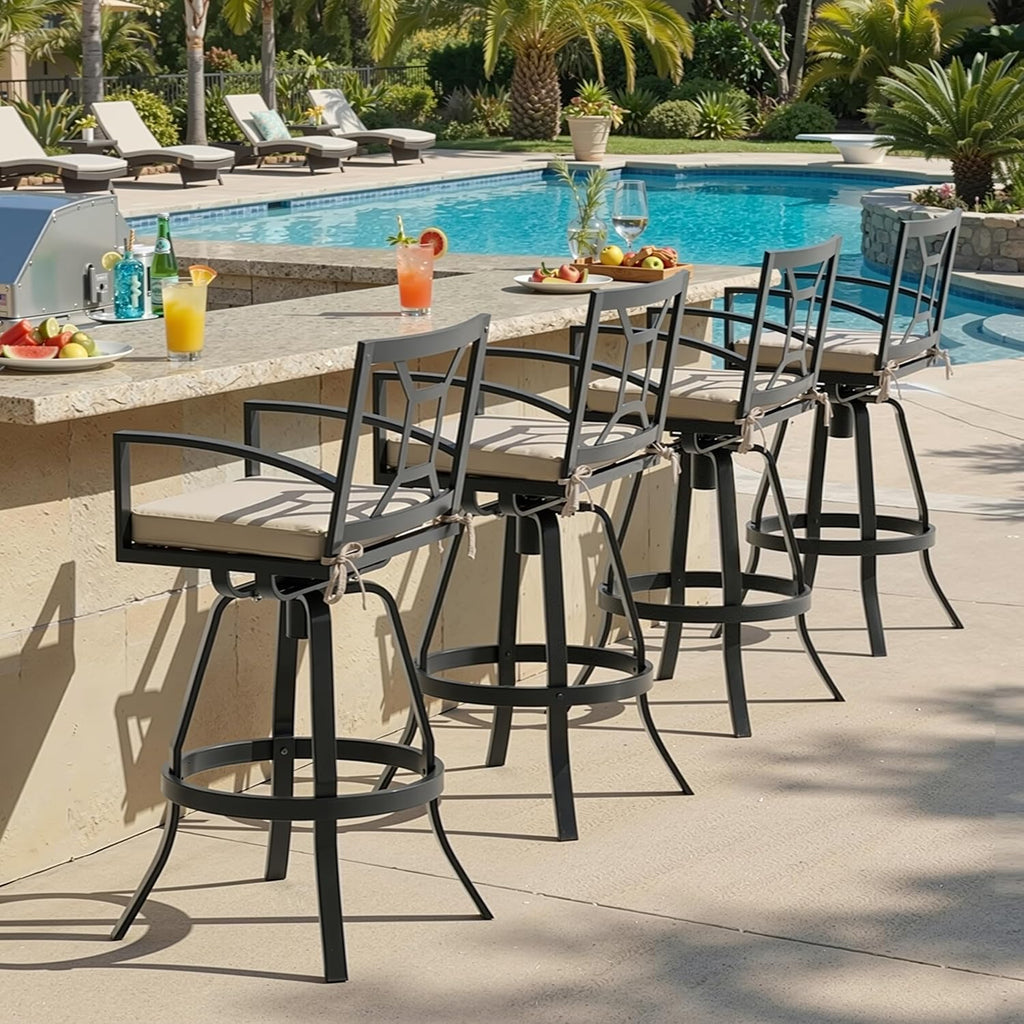 Pellebant 30" Sunbrella Outdoor Bar Stools Set of 2, Aluminum Swivel Patio Bar Height Barstools with Back & Footrest, All-Weather Patio Barstools for Deck Lawn Garden, Beige