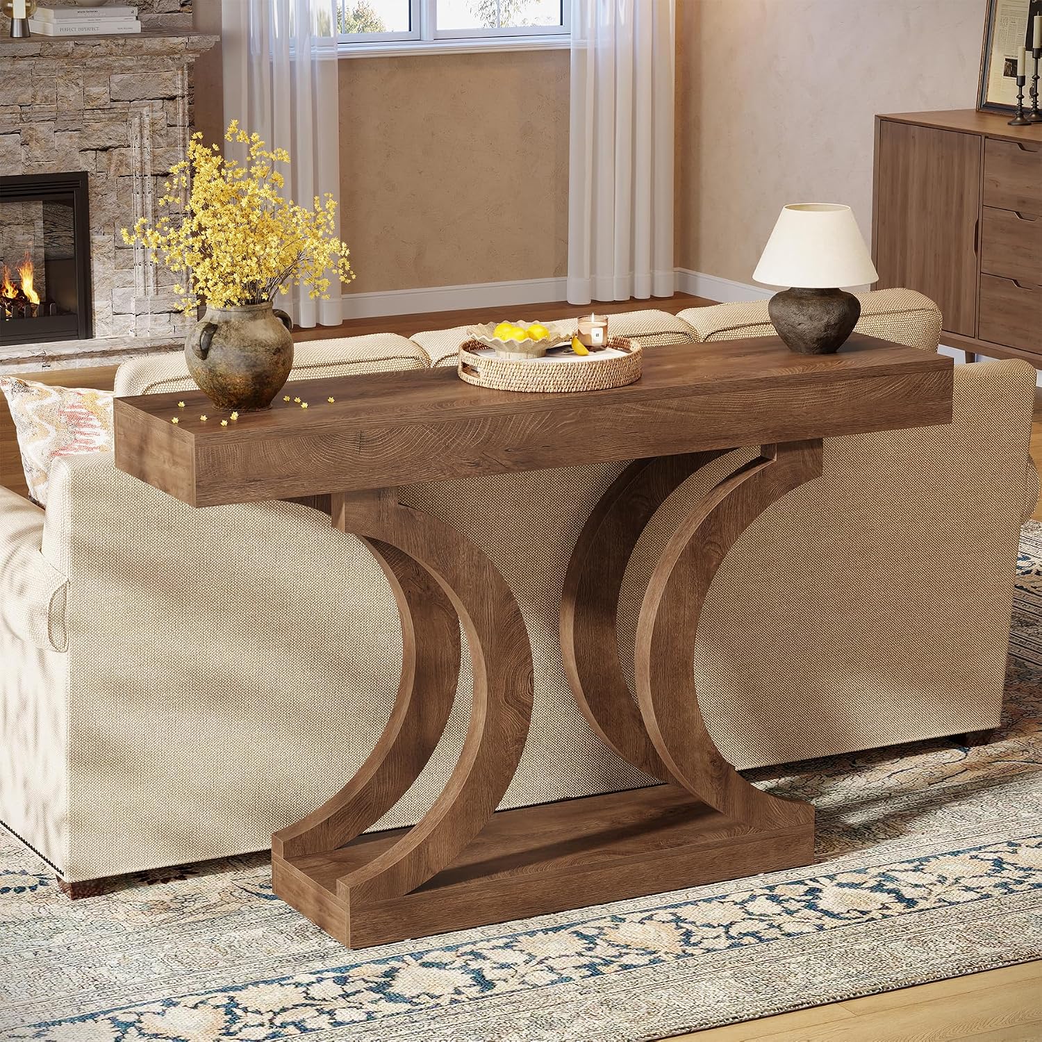 Tribesigns 43.31-Inch Farmhouse Console Table for Entryway, Unique Narrow Sofa Table Behind the Couch with Curved Legs for Living Room, Hallway, Foyer, Entrance, Rustic Brown