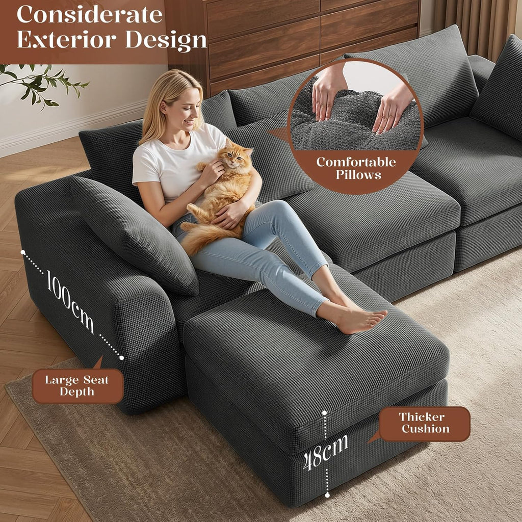 Benazcap 110" Cloud Sectional Couches for Living Room, L-Shaped Convertible Sofa, 3-Seat Modular Boneless Couch with Movable Ottoman, Dark Grey