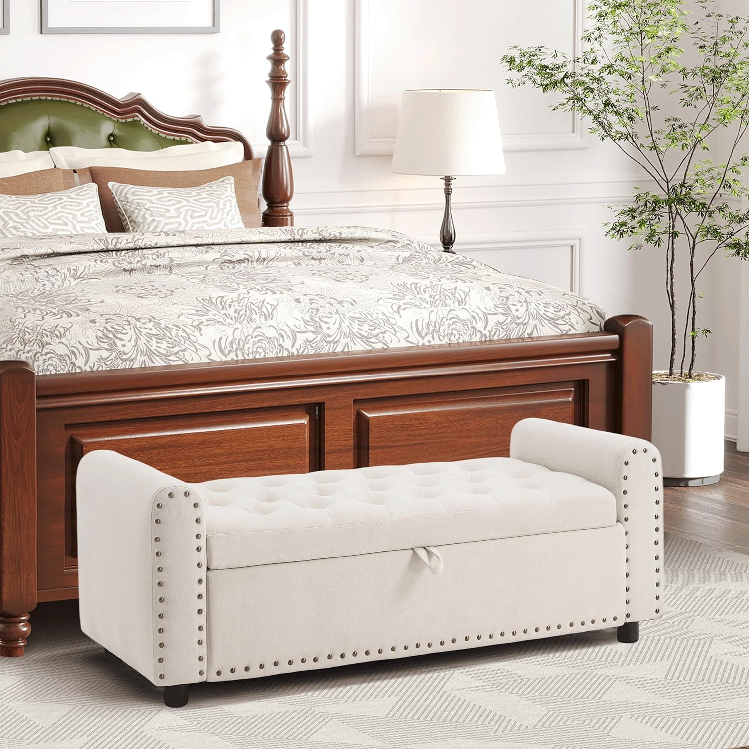 Ottoman with Storage, Tufted Storage Bench for Bedroom, 48" Fabrics End of Bed Bench, Upholstered Entryway Shoe Benches with Rolled Arm & Inner Zipper, Window Ottomans Chest with Rivets, Beige