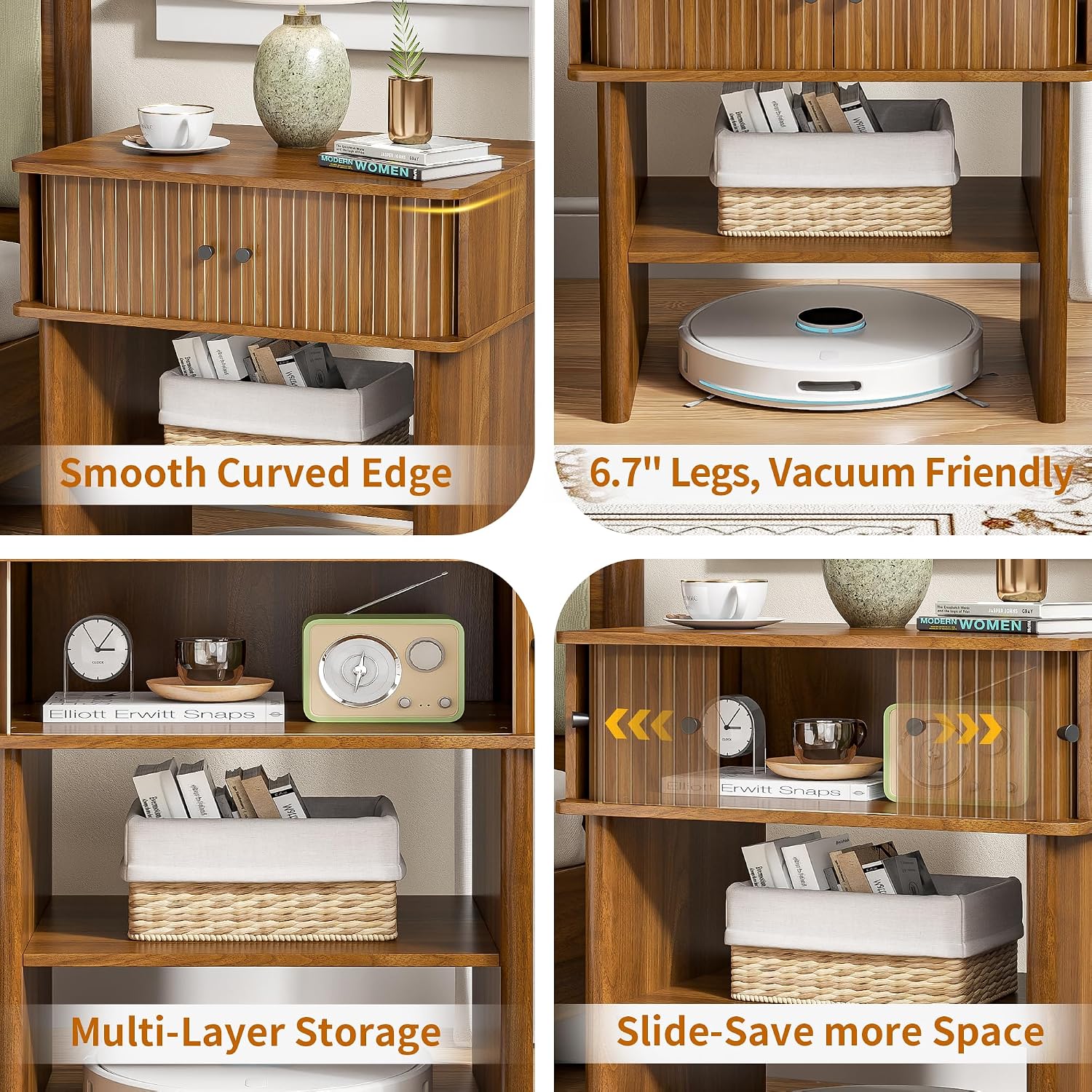 Nightstand with Fluted Sliding Door, 3-Tier Side Table with Hidden Cabinet and Open Storage, 21.7" Wide Modern End Table, for Living Room, Bedroom, Dorm, Spacious Desktop Space, Walnut Brown