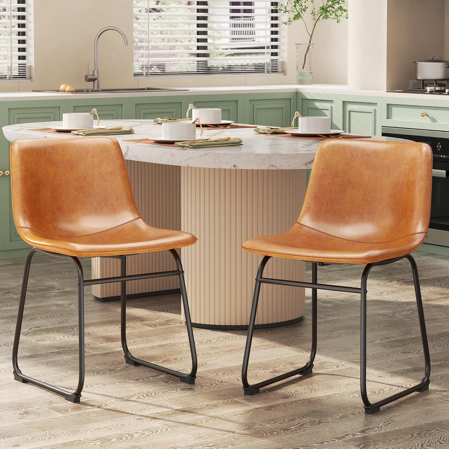 REONEY Dining Chairs Set of 6, 18" PU Leather Armless Dinner Chairs with Backrest, Modern Kitchen Dining Room Chair with Metal Legs for Home (Brown)