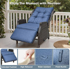Outdoor Indoor Wicker Recliner with Adjustable Back and Footrest, Patio Reclining Chair with Flip-up Table, Outdoor Rattan Lounge Chair,Navy