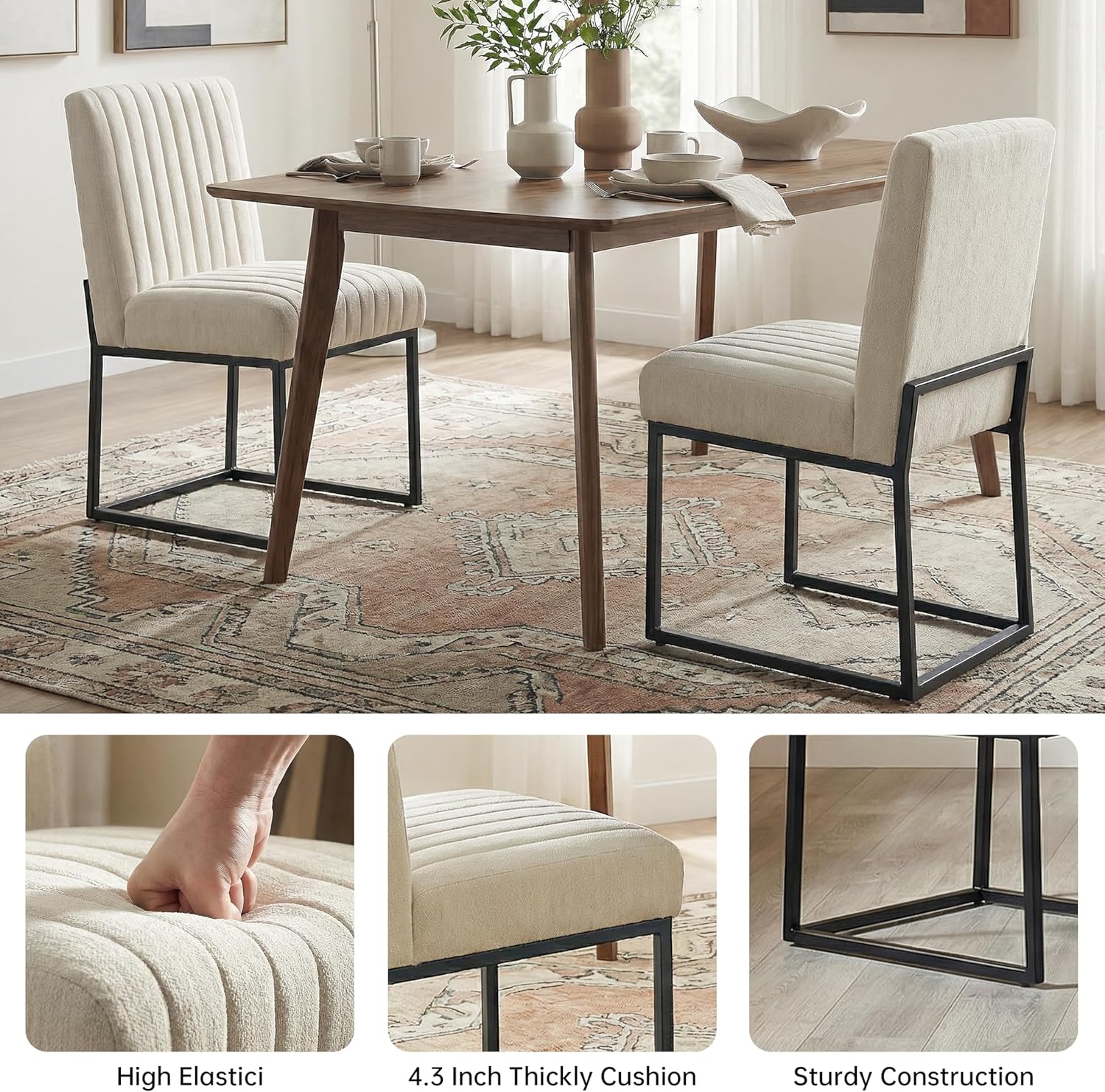 VKNOW Upholstered Dining Chairs Set of 4, Modern Dining Room Chairs with Stripe, Linen Kitchen Chair Dinner Chair with Black Metal Base for Kitchen, Beige