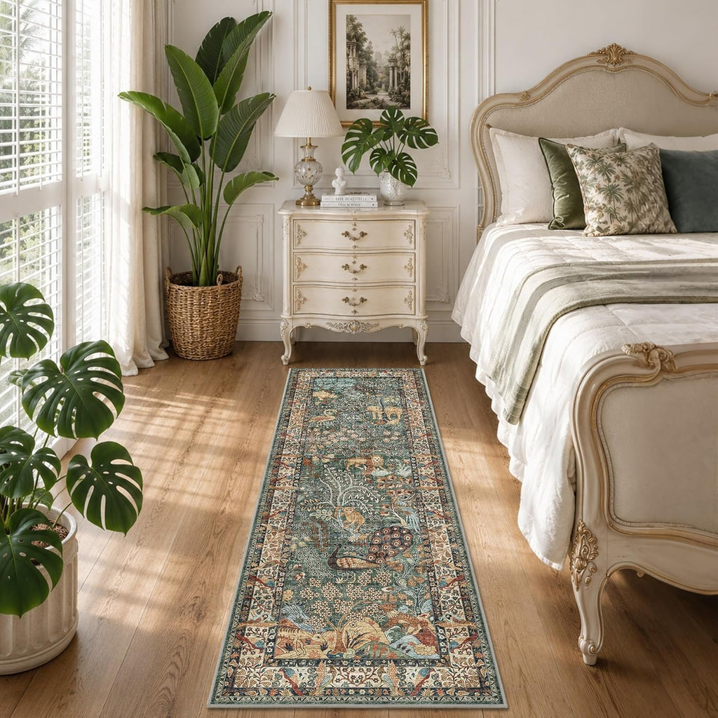 Runner Rug 2’6″x 8’ Animal Botanical Print Area Rug Vintage Kitchen Rugs Low Pile Non Slip Stain Resistant Hallway Runners Whimsical Long Carpets for Living Room Bedroom, Laundry Dorm, Green