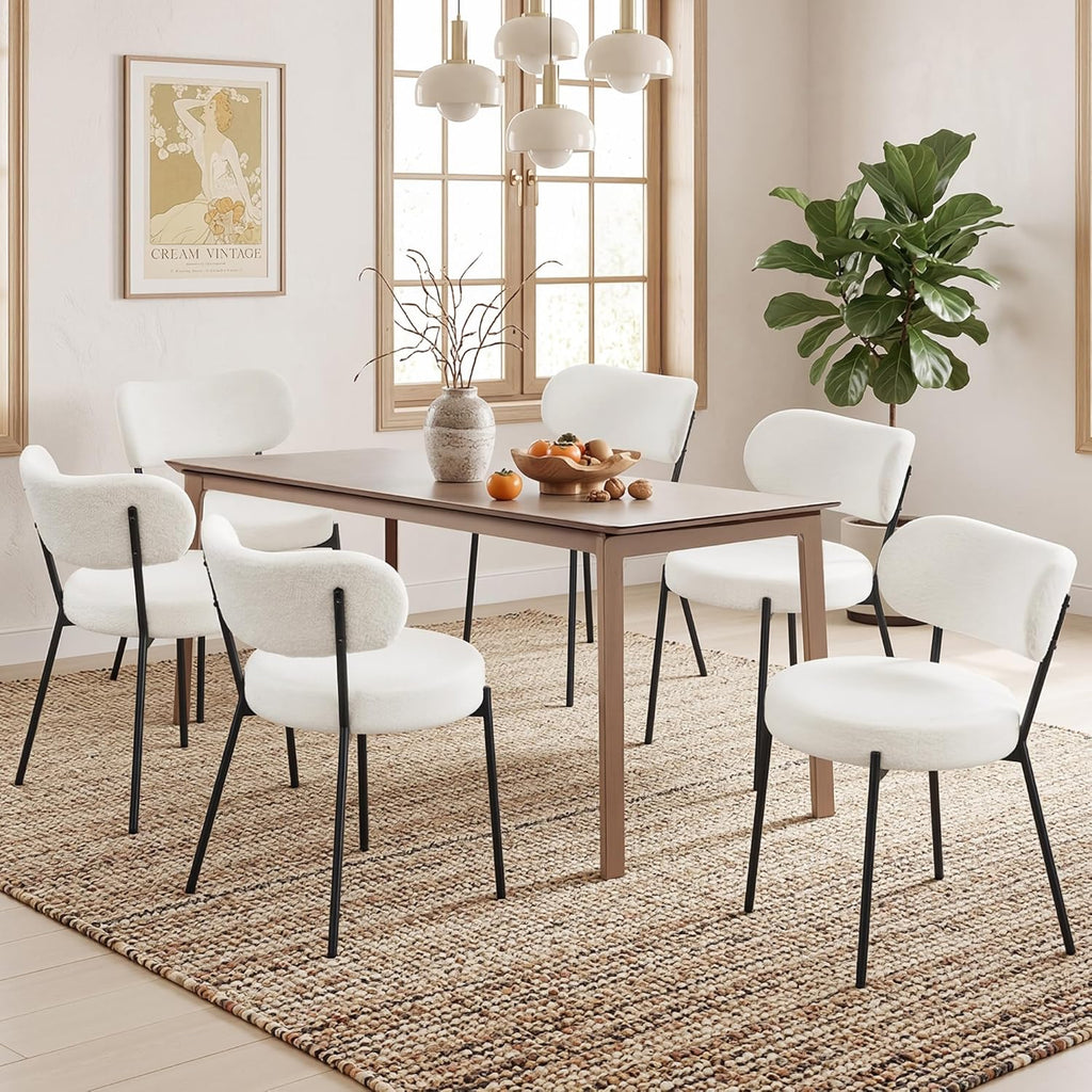 VECELO Dining Chairs Set of 4, Modern Mid Century Upholstered Kitchen Chairs with Curved Backrest and Black Metal Legs, for Kitchen, Dining Room, Living Room, White