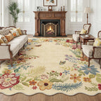 FMFUNCTEX 8x10 Floral Washable Area Rug Beige Neutral Vintage Flower Botanical Cottage Boho Cream Scalloped Soft Non Slip Low Pile Large Indoor Thin Carpet for Living Room Bedroom Dining Room Nursery
