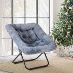 Simple Deluxe Oversized Square Moon Chair for Adults, Soft Faux Fur Folding Lounge Chair with Sturdy Steel Frame, Comfortable Reading Gaming Chair for Living Room, Bedroom, Grey