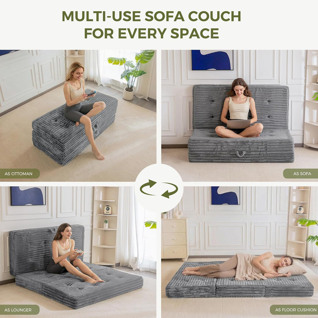 MAXYOYO Folding Sofa Couch Bed, 6 Inch Tri-Fold Floor Sofa Bed, Folding Mattress with Handles, Soft Faux Fur Folding Bed with Supportive Foam Filling, Portable Couch for Living Room, Twin, Grey