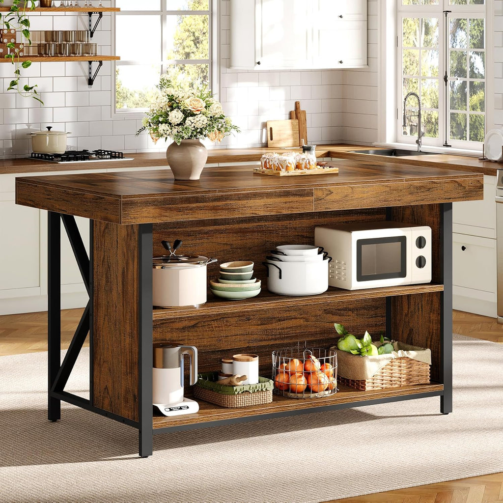 Tribesigns Large Kitchen Island with Storage, 55-Inch Wooden Stationary Island Table with Metal Frame, 3-Tier Industrial Center Bar Table with Thickened Countertop for Kitchen, Dining Room, Brown