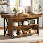 Tribesigns Large Kitchen Island with Storage, 55-Inch Wooden Stationary Island Table with Metal Frame, 3-Tier Industrial Center Bar Table with Thickened Countertop for Kitchen, Dining Room, Brown