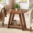 Solid Wood Side Table, Narrow Small End Table with 2-Tier Storage, Farmhouse Rectangle Bedside Nightstand for Living Room Bedroom, Small Places (1, Brown)