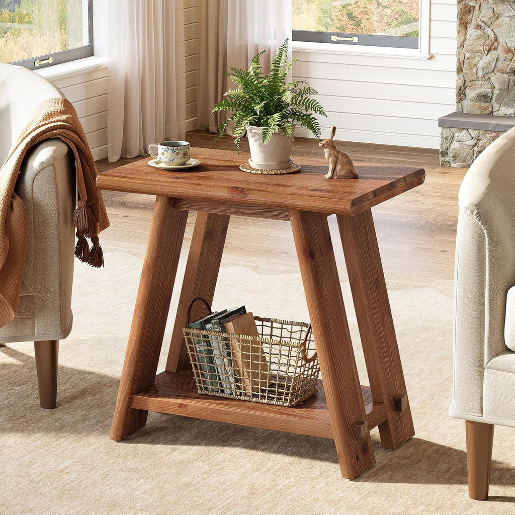 Solid Wood Side Table, Narrow Small End Table with 2-Tier Storage, Farmhouse Rectangle Bedside Nightstand for Living Room Bedroom, Small Places (1, Brown)