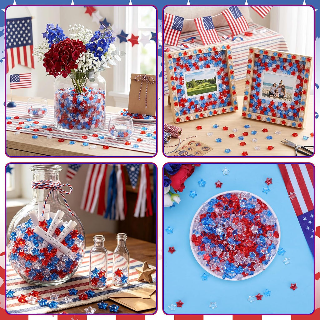YATOJUZI 500 PCS Acrylic Star Vase Filler, 4th of July Table Decorations | Patriotic Memorial Day Party Decor, Fourth of July Red White and Blue Plastic Stars Gems for DIY Crafts