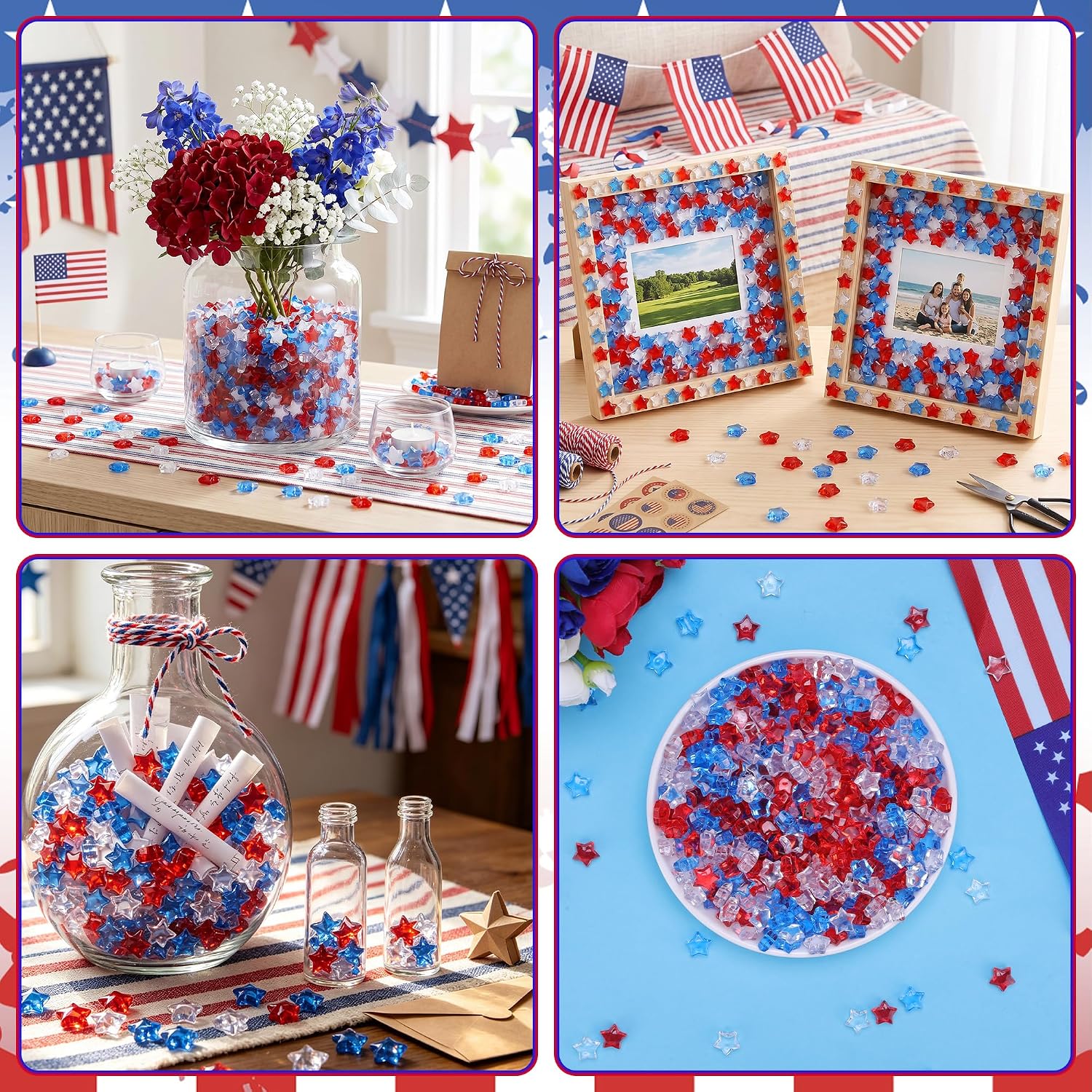 YATOJUZI 500 PCS Acrylic Star Vase Filler, 4th of July Table Decorations | Patriotic Memorial Day Party Decor, Fourth of July Red White and Blue Plastic Stars Gems for DIY Crafts