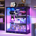 Dystler RGB Display Cabinet with Glass Doors - 39’‘ Tall Curio Cabinet with Lock & Adjustable Shelves, 3-Tier Display Case with Lights, for Collectibles/Figure/Helmet/Football, Black