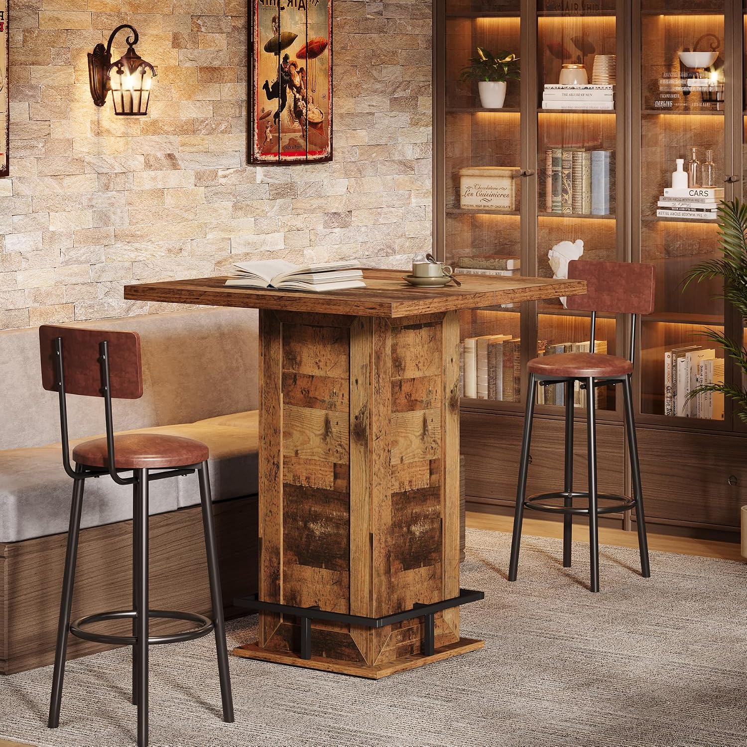 Tribesigns 39.4" H Square Bar Table, Industrial High Top Bistro Pub Cocktail Table with Metal Footrest for Kitchen Nook, Home Bar, Small Bars, Dark Brown (Table Only)