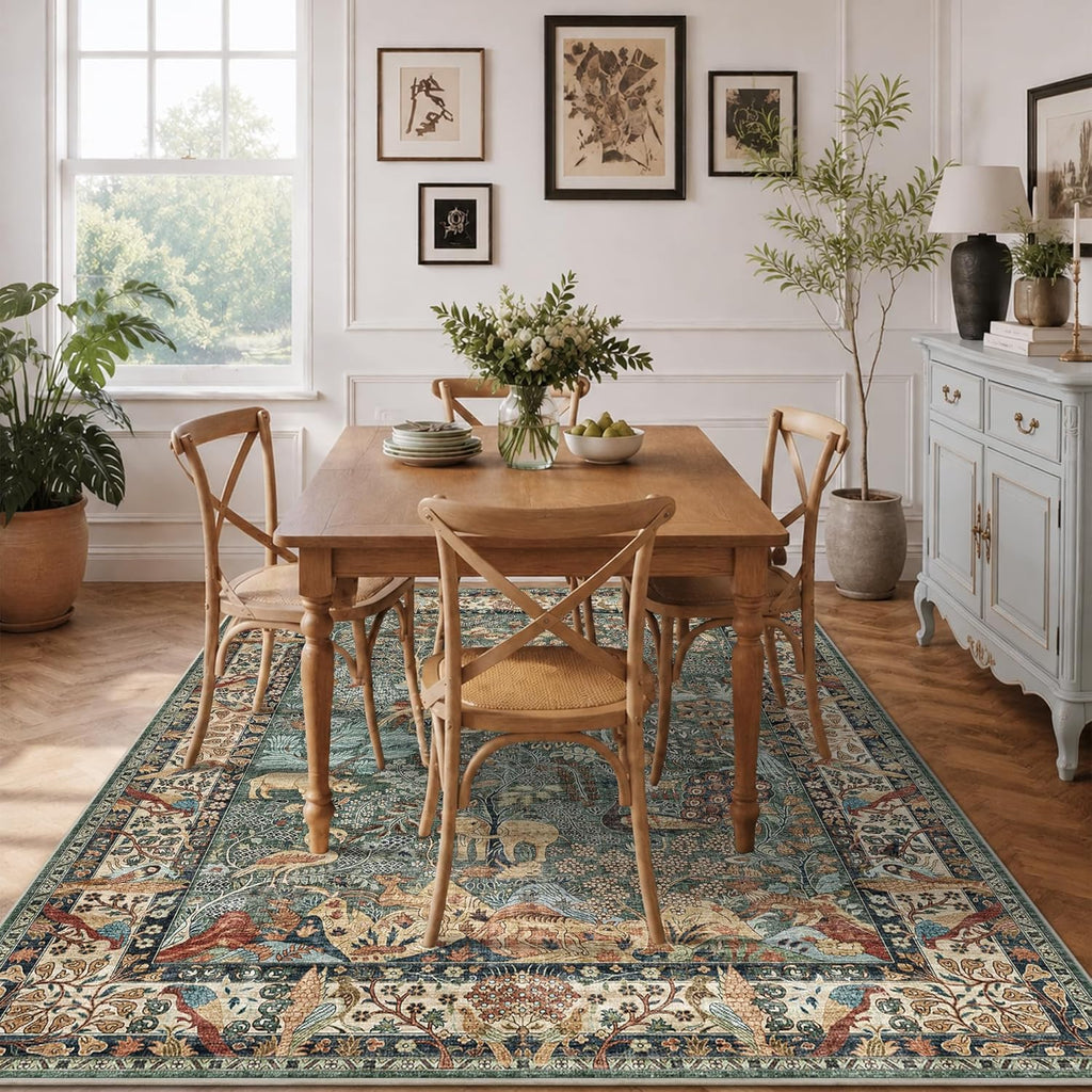 5x7 Washable Area Rug, Vintage Animals Print Boho Rug, Non Slip Low Pile Stain Resistance Floor Carpet for Living Room Bedroom Dining Room Nursery Home Decor
