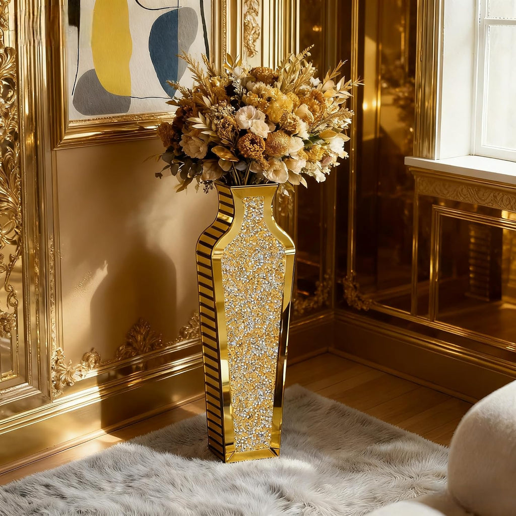 SHYFOY Gold Crushed Diamond Floor Vase, Large Mirrored Tall Vases for Floor, Modern Glass Decorative Vases for Living Room Bedroom Home Corner Indoor Office, 26.8" Tall
