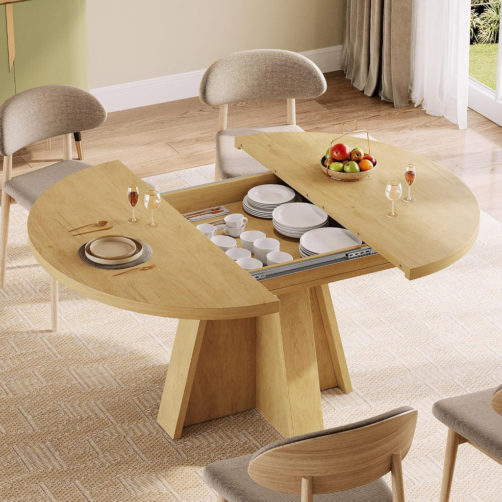 iPormis 43.3in-59in Extendable Round Dining Table for 4-6, Modern Wooden Kitchen Table for Dining Room, Adjustable Size Oval Circle Dinner Tables Furniture for Kitchen Living Room, Natural