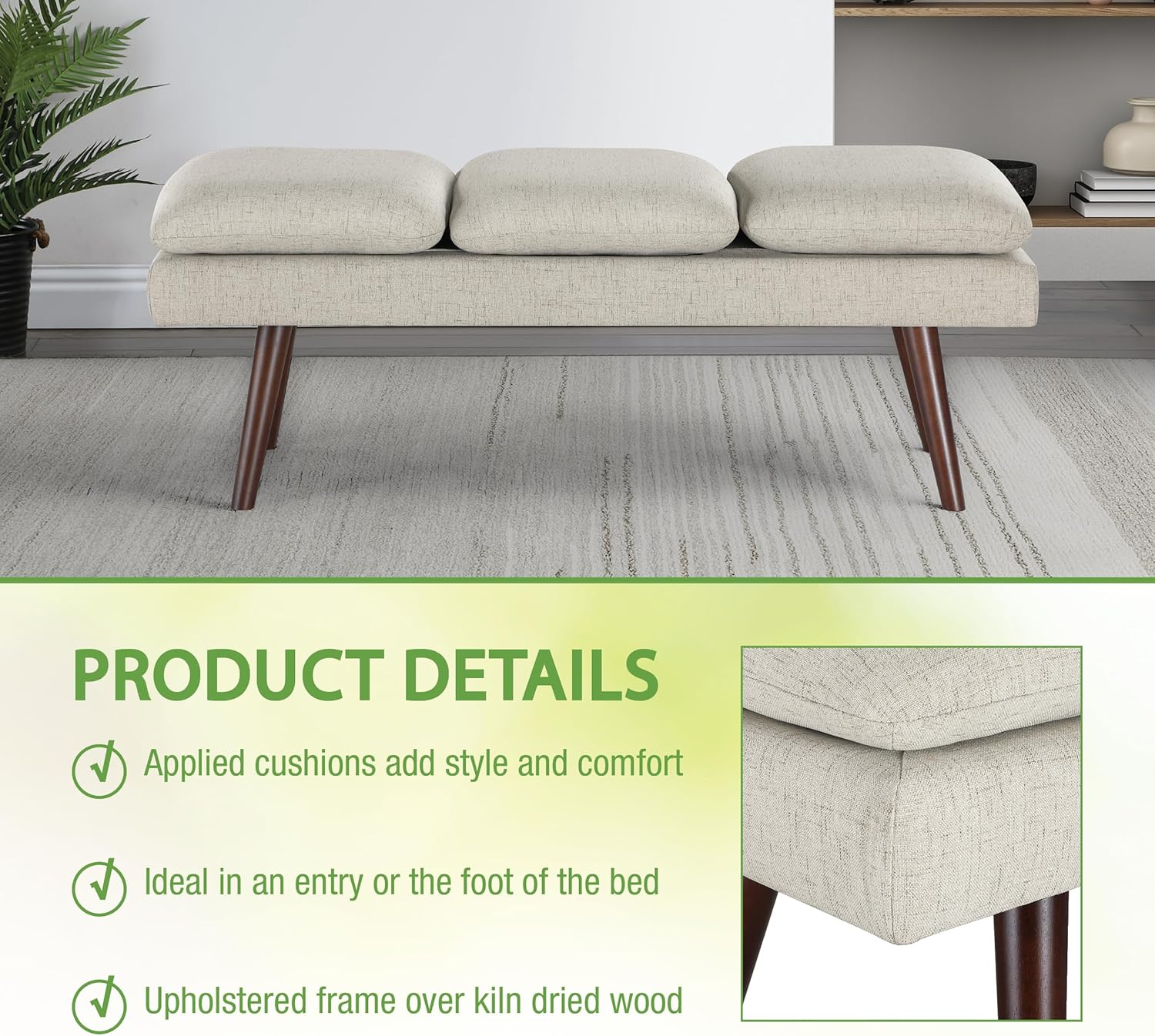 OSP Home Furnishings Amanda Mid-Century Modern Upholstered Bench with Solid Wood Tapered Legs, 54-inches, Linen Fabric