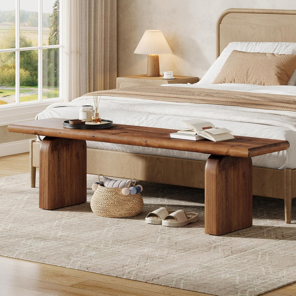 62.99-Inch Solid Wood Entryway Bench, Farmhouse Indoor Wooden End of Bed Bench for Entryway, Hallway, Bedroom, Dining Room, Living Room, Easy Assembly, Rustic Brown
