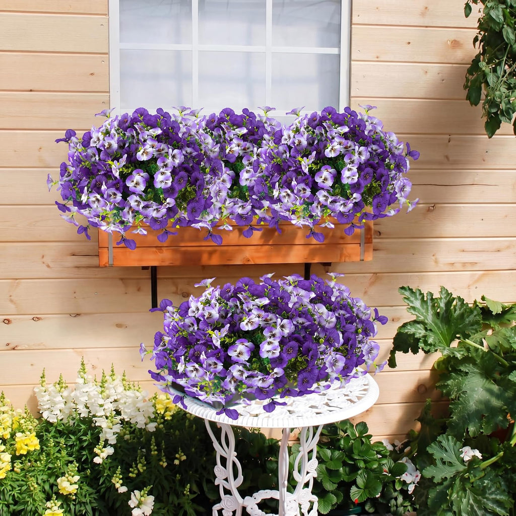 Artificial Pansy Flowers for Outdoors 12 Bundles Realistic Faux Plants UV Resistant Fake Silk Pansy with Eucalyptus for Box Planter Patio Porch Outside Spring Summer Decoration(Gradient Purple)