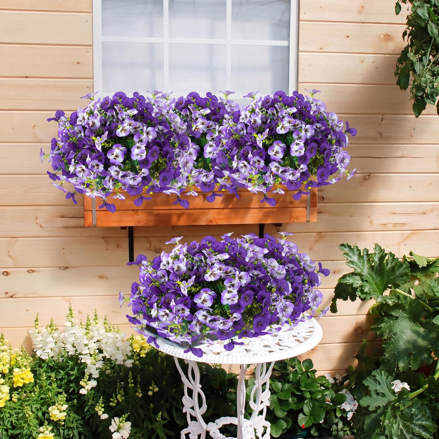 Artificial Pansy Flowers for Outdoors 12 Bundles Realistic Faux Plants UV Resistant Fake Silk Pansy with Eucalyptus for Box Planter Patio Porch Outside Spring Summer Decoration(Gradient Purple)
