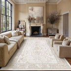 PureCozy 8x10 Washable Neutral Area Rug Beige Vintage Large Carpet for Living Room Non-Slip Low Pile Retro Floral Farmhouse Accent Throw Rugs for Bedroom Office Nursery Dorm Dining Room