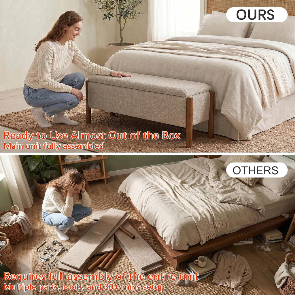 Modern Storage Benches with Walnut Wood Legs, 47'' Ottoman Bench with 20 Gallons Storage Space for Bedroom End of Bed, Fabric Upholstered Entryway Bench with Seating for Livingroom, Beige
