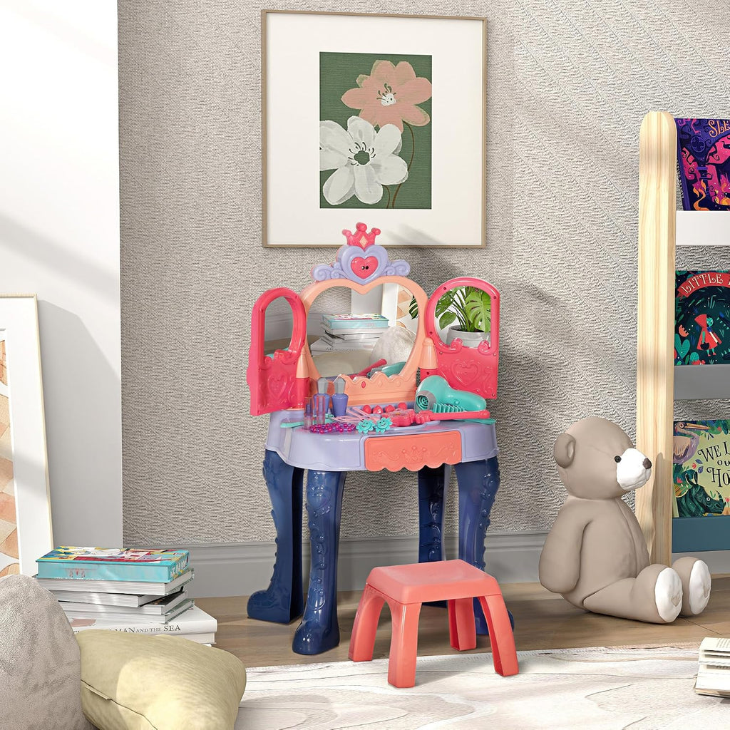 Vanity Set with Mirror and Stool, Toddler Makeup Table with Music, Light, Drawer, Hair Dryer, 20 Makeup Accessories, Girls Vanity for Ages 3 6, Multicolor