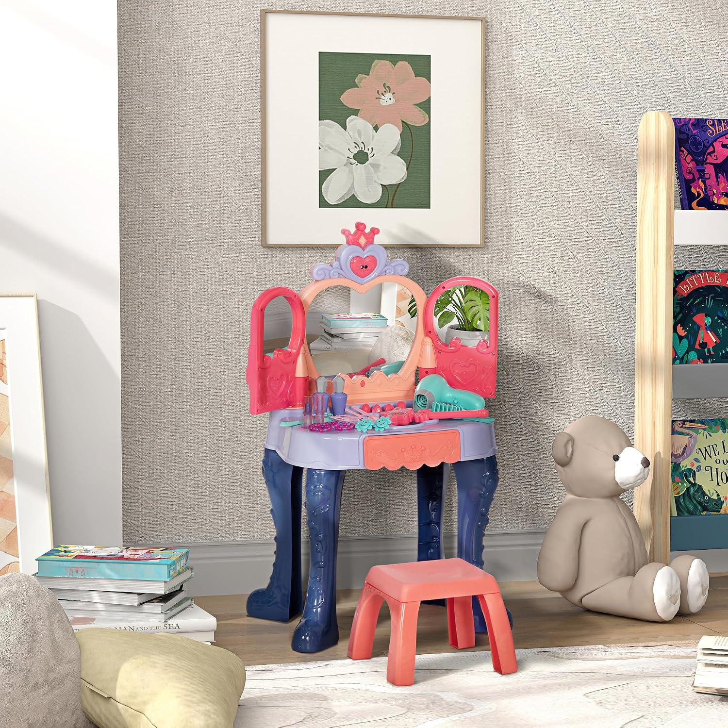 Vanity Set with Mirror and Stool, Toddler Makeup Table with Music, Light, Drawer, Hair Dryer, 20 Makeup Accessories, Girls Vanity for Ages 3 6, Multicolor