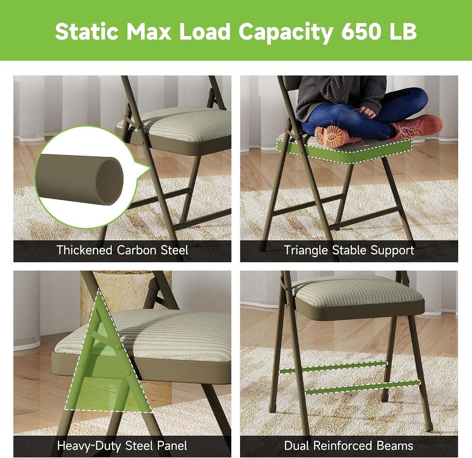 Real Relax 4 Pack Folding Chairs with Padded Cushion and Back, Comfortable Soft Fabric Cushion and Steel Frame Metal, Indoor Outdoor Seat for Office Events Wedding Party, 450LBFabric Oatmeal Strip