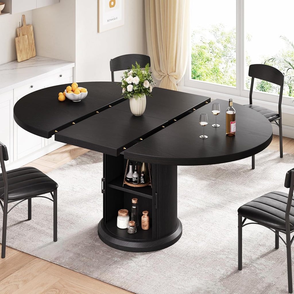 Jocoevol 47″–63″ Extendable Round Dining Table for 4–8 with Dust-Proof 2-Tier Storage Shelf Space-Saving Expandable Dining Room Table Wood Oval Circle Dining Table with Pedestal Base (Deep Black)