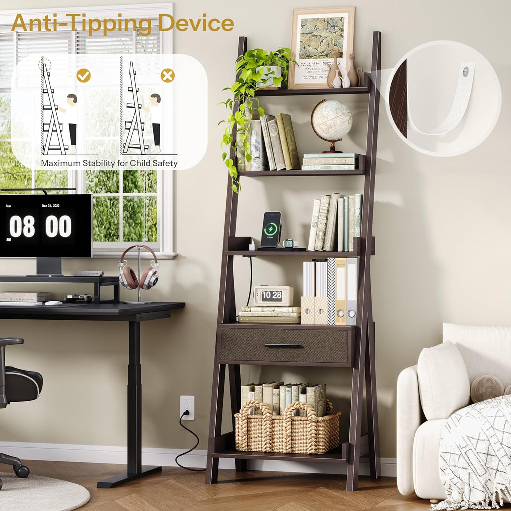 DynJest 5-Tier Bookshelf with Drawer, 70" Tall Ladder Shelf with Power Outlet &USB Fast Charging, Leaning Freestanding Shelves for Living Room, Home Office, Bedroom, Industrial Style, Espresso