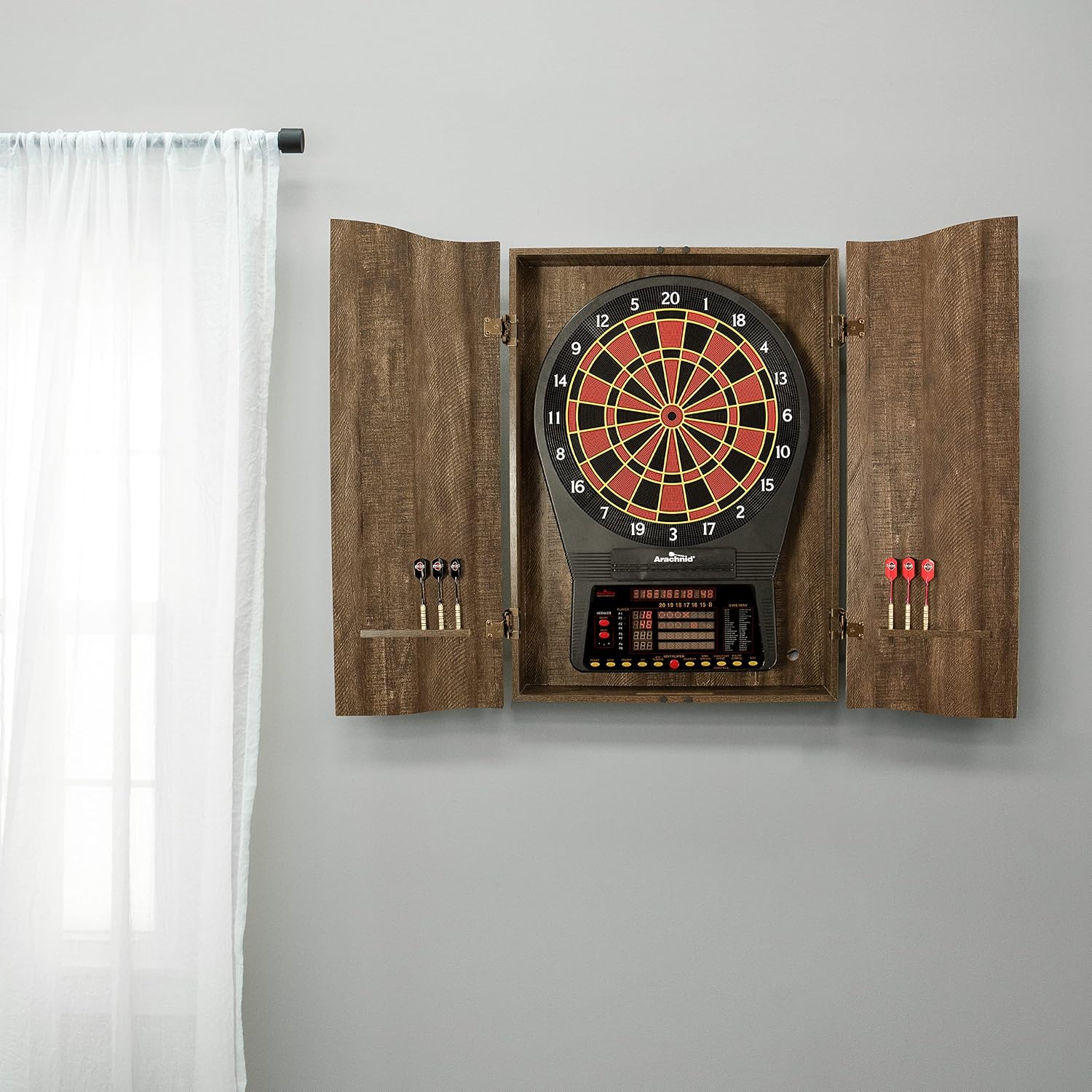 DMI Sports MI Sports Brown CricketPro Dartboard Cabinet | Designed for Arachnid 15.5” CricketPro 900, 800, 750, 650 Electronic Dartboards | Does Not Include Dartboard