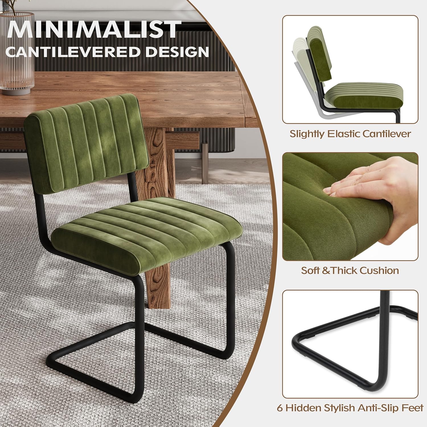 Mid Century Velvet Dining Chairs, Green Dining Chairs Set of 4, Modern Armless Side Chair, Cantilevered Back, Comfy Seat, Metal Legs, Industrial for Kitchen, Restaurant, Living Room, Olive