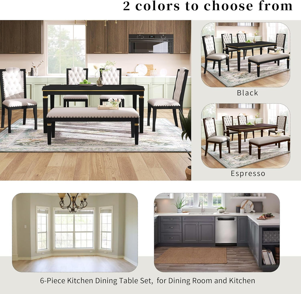 Harper & Bright Designs 6-Piece Kitchen Dining Table Chairs Set, 60" Rectangular Table and 4 High-Back Tufted Chairs & 1 Bench for Dining Room and Kitchen (Black)