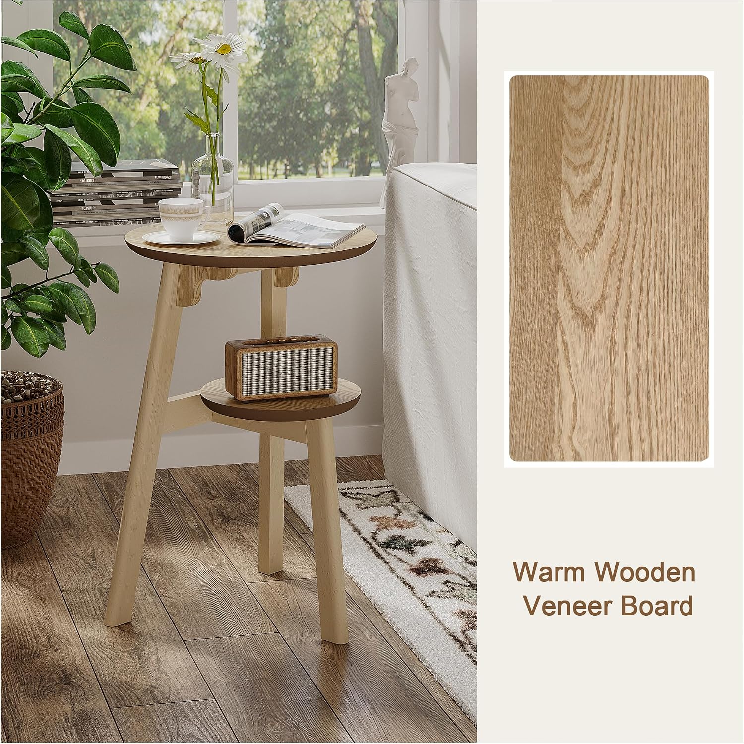 ChooChoo Round End Table for Small Spaces, Narrow Side Table, Accent Table Night Stand with 2 Tier Shelf for Bedroom and Living Room, Natural
