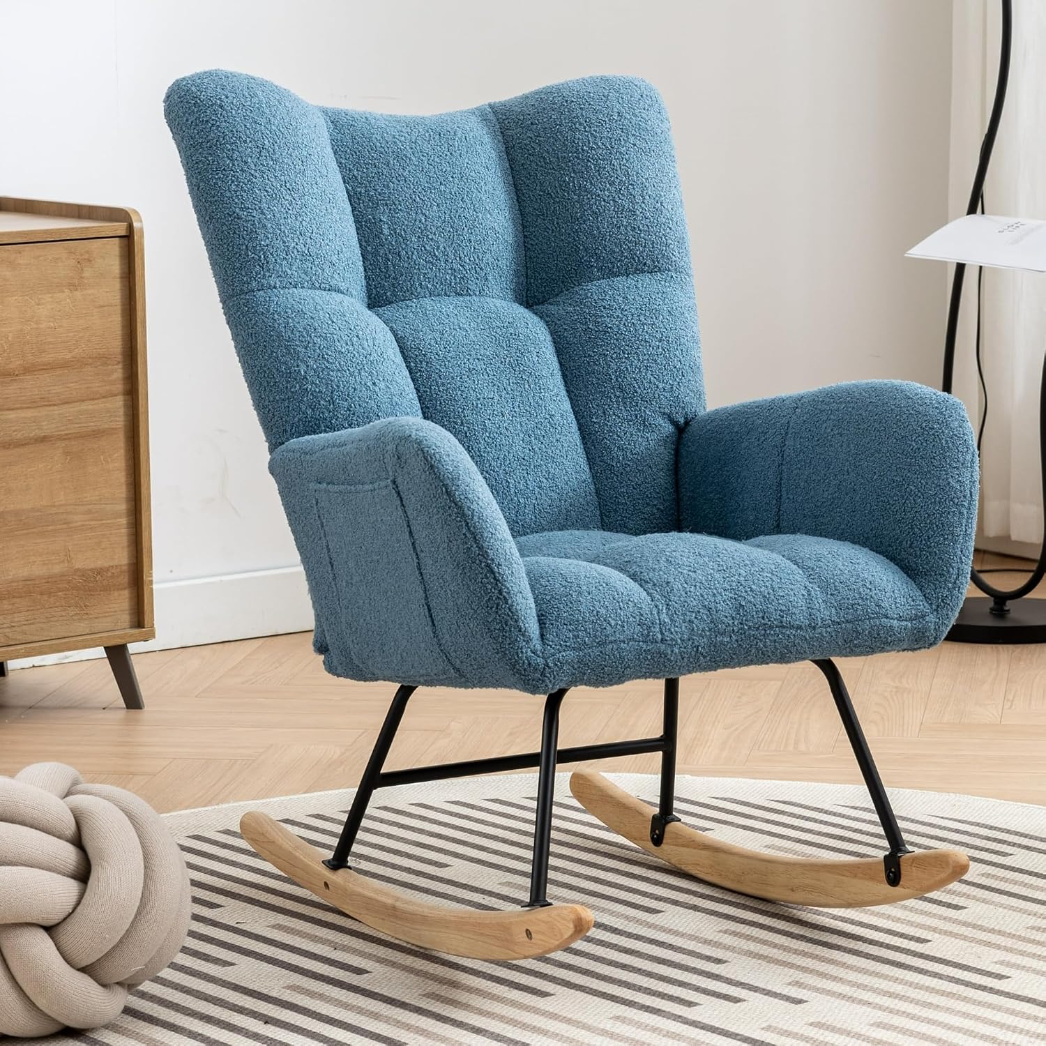 Rocking Chair Nursery, Teddy Upholstered Glider Rocker with High Backrest, Reading Chair Modern Rocking Accent Chairs Glider Recliner for Living Room, Nursery, Bedroom,Blue, W1372120796