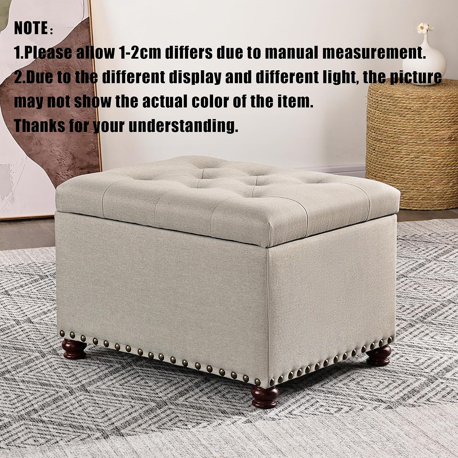 Storage Ottoman, 24" Linen Fabric Rectangle Bench Foot Rest Stool, Fabric Footrest Ottomans with Storage, Storages Seats for Living Room, Bedroom, Office