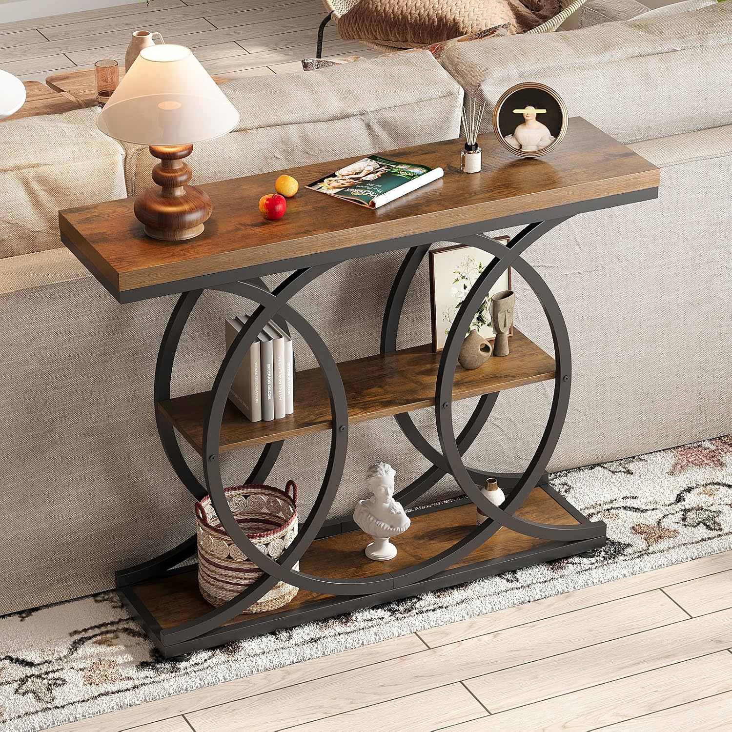 GiftGo Narrow Console Table for Entryway Industrial 3-Tier Sofa Table Behind Couch with Circle Base Wooden Accent Wall Tables with Storage Shelves for Living Room, Hallway, Foyer (Rustic Brown)