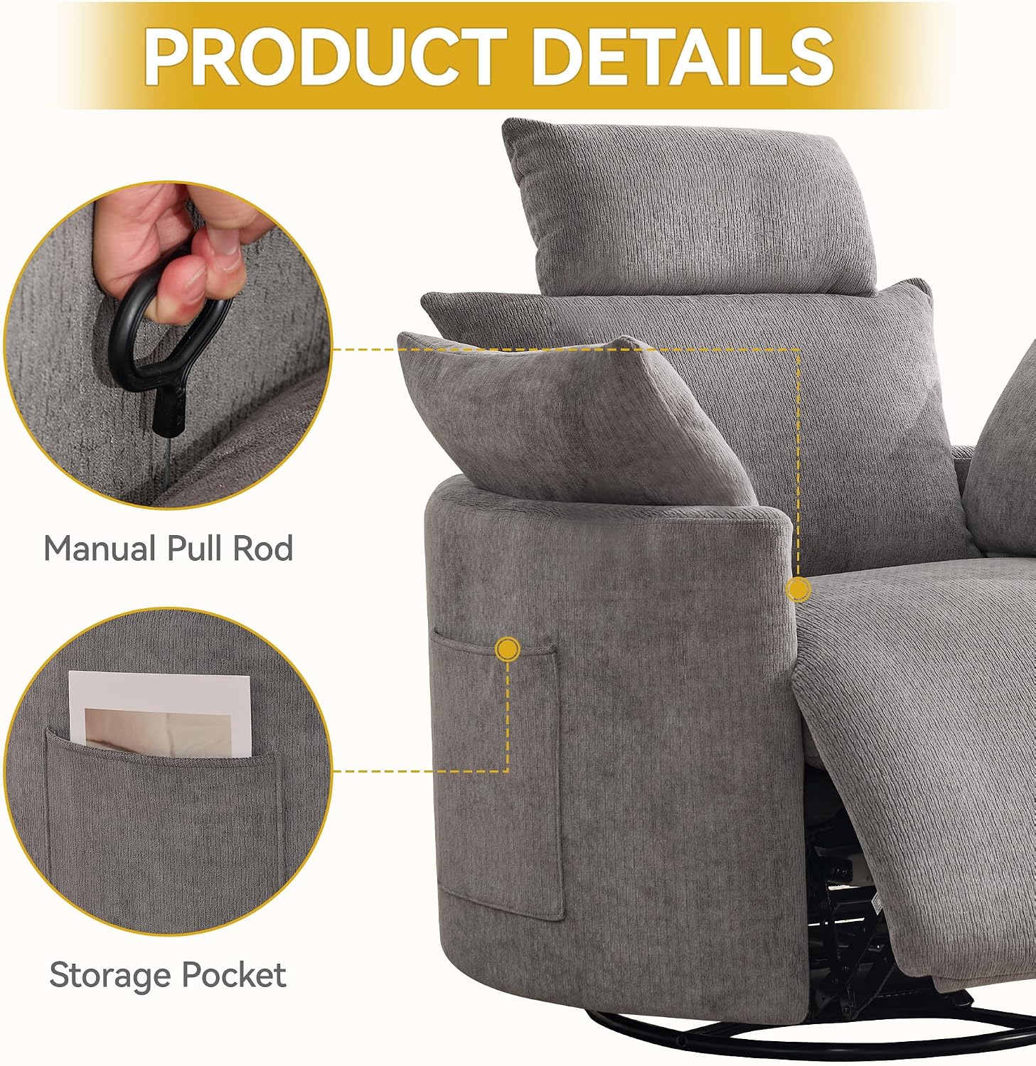 Manual Rocking Chair Nursery, 360° Swivel Recliner Chair with Side Pocket, Glider Reclining Chair for Adults Small Space, Barrel Recliners with 2 Pillows for Living Room, Chenille Light Grey