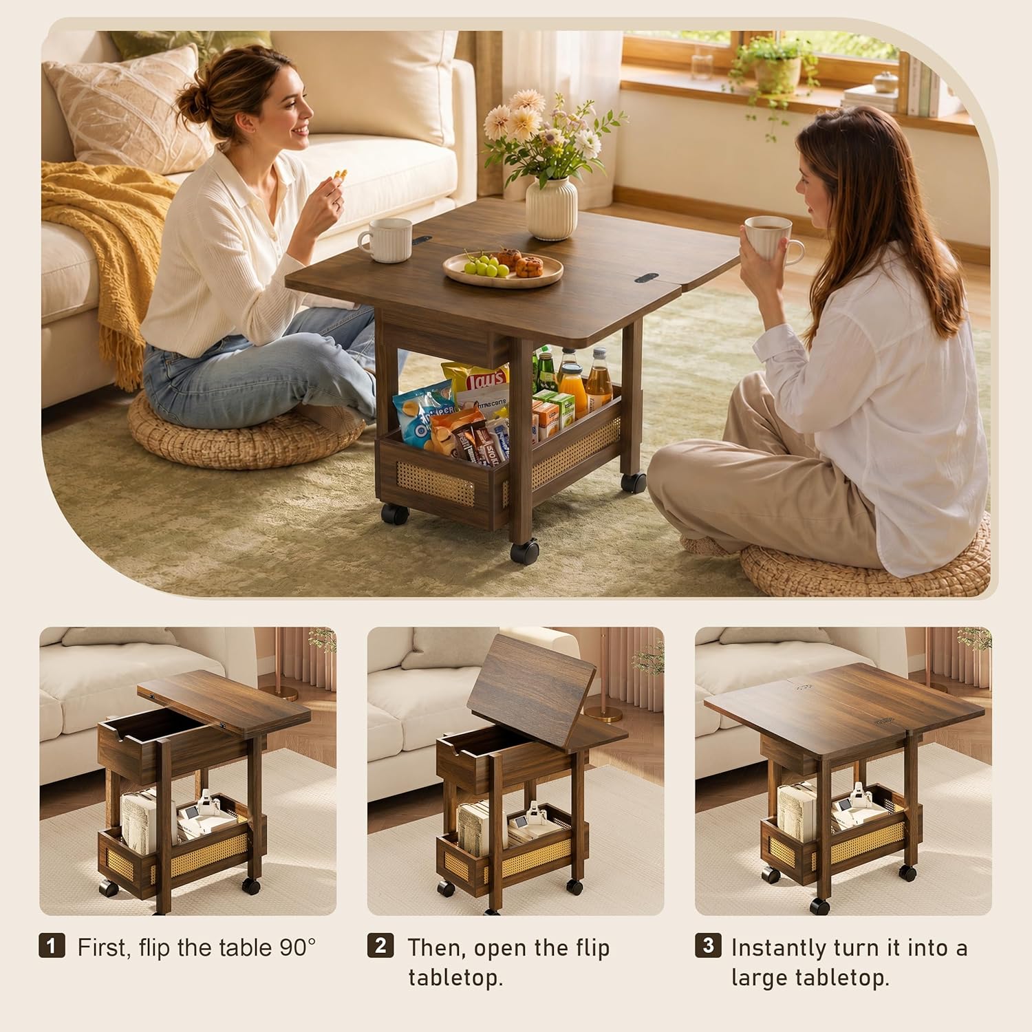 YOSHOOT Flip Top End Table with Charging Station, Narrow Side Table | 13" Wide, Rattan, Extensible Design, Small Table with Storage and Wheels, Suitable for Living Room Bedroom Apartment, Walnut