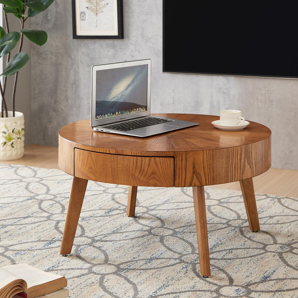 Round Wood Coffee Table for Living Room, Modern Farmhouse Table with Drawer, Wooden Circle Coffee Table, 29.14" L x 29.14" W x 15.87" H